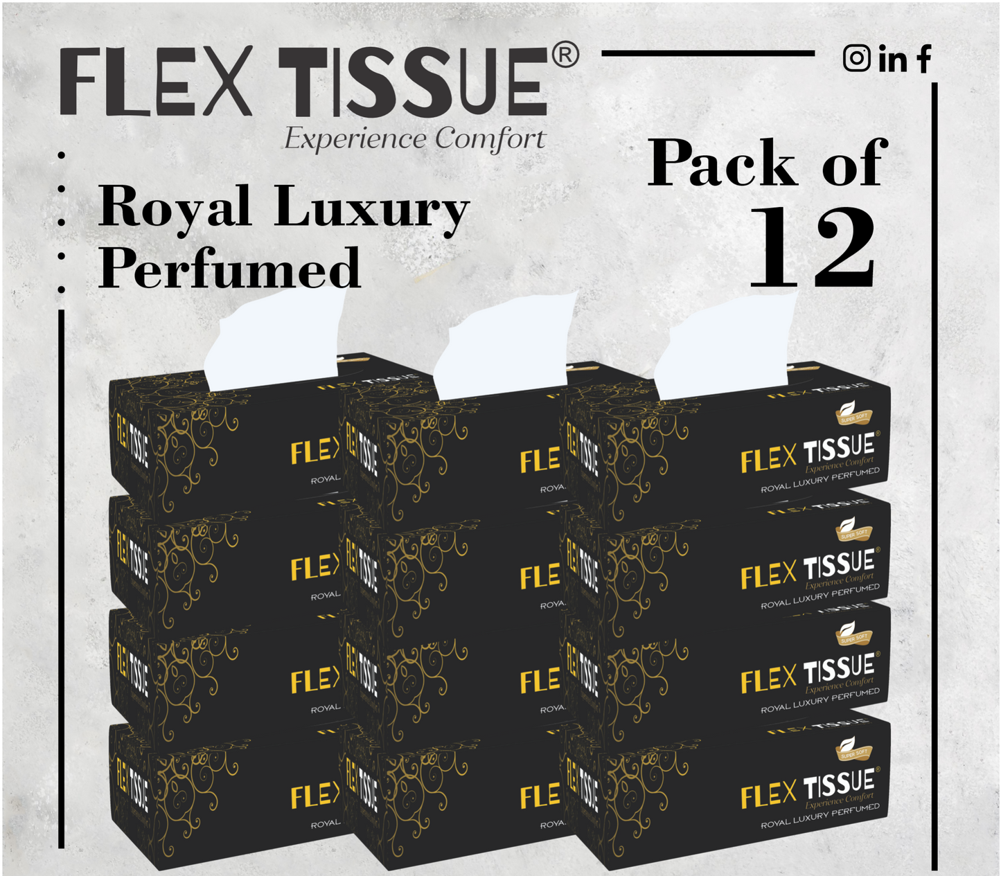 Flex Tissue Box Luxary size Perfumed– Soft, Neat, White Pure & Hygienic 100xply (Pack of 12)