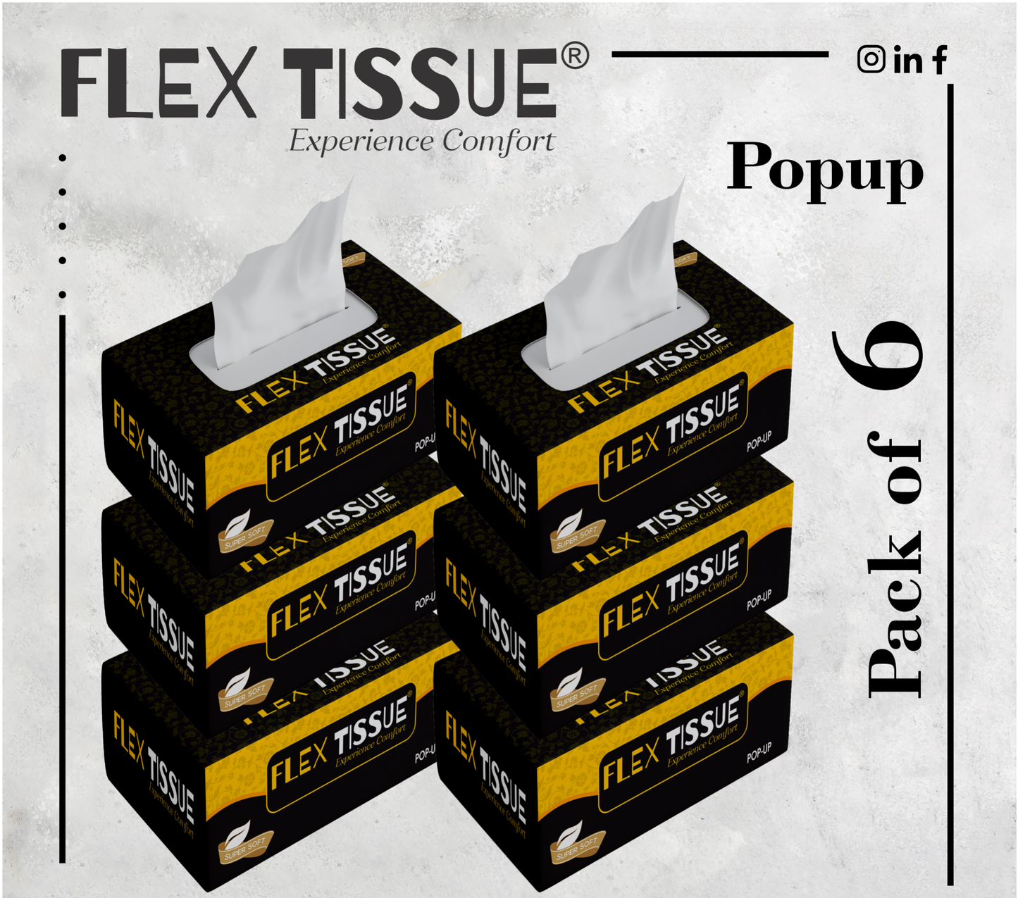 Flex Tissue Box Popup size (300 SHEETS) (PURE QUALITY) 150x2 ply(Pack of 6)