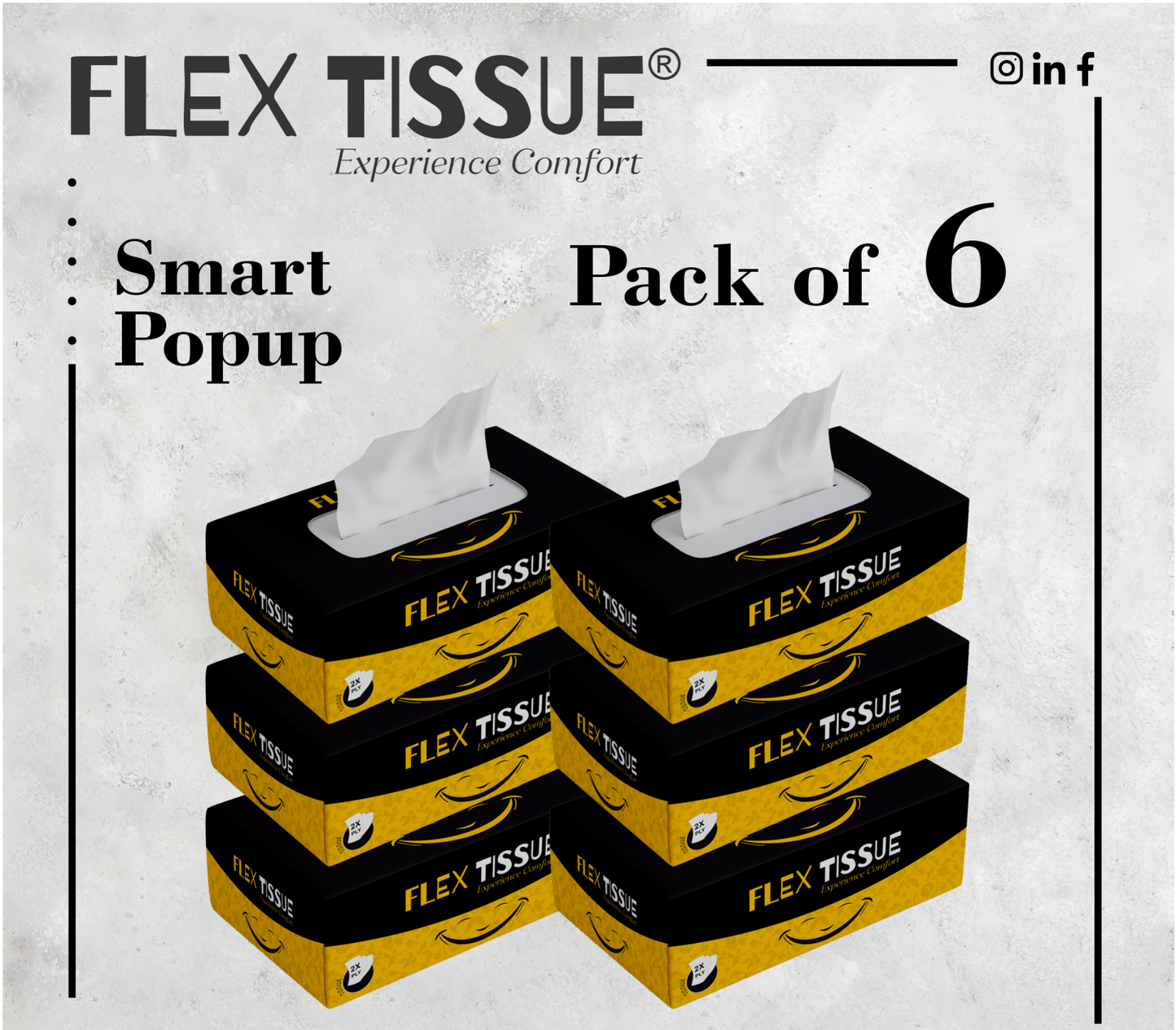 Flex Tissue Box smart popup size– Soft, Neat, White Pure & Hygienic 75x2ply (Pack of 6)